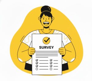woman vproudly holding up a completed survey with a big checkmark at the top.